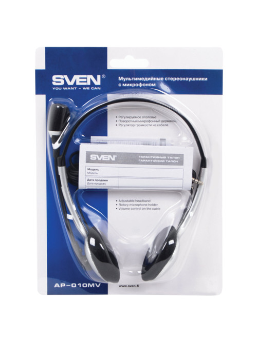Наушники с микрофоном (гарнитура) SVEN AP-010MV, проводные, 2 м, с оголовьем, черные, SV-0410010MV