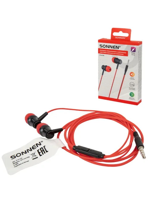 Наушники проводные внутриканальные с микрофоном SONNEN EP-H47RB, 1,1 м, красные/черные, 514129