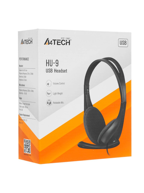 Наушники с микрофоном (гарнитура) A4TECH HU-9, проводные, 1.8 м, USB, черные, 1530266