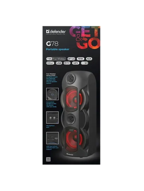 Колонка портативная DEFENDER G78, 2.0, 70 Вт, Bluetooth, FM-тюнер, microSD, чёрная, 65178