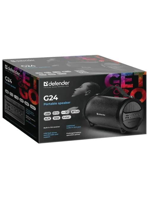 Колонка портативная DEFENDER G24, 1.0, 10 Вт, Bluetooth, FM-тюнер, microSD, чёрная, 65124
