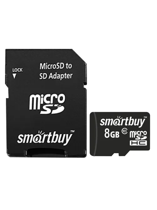 Карта памяти micro SDHC, 8 GB, SMARTBUY, 10 Мб/сек. (class 10), с адаптером, SB8GBSDCL10-01