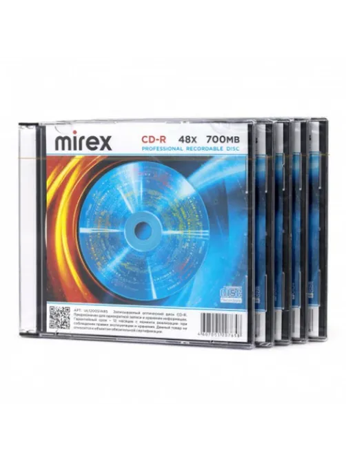 Диск CD-R MIREX, 700 Мб, 48x, Slim Case, КОМПЛЕКТ 5 шт., UL120051A8F