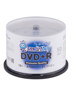 Диски DVD+R (плюс) SMARTBUY, 4,7 Гб, 16x, Cake Box (упаковка на шпиле), КОМПЛЕКТ 50 шт., SBDVPR50