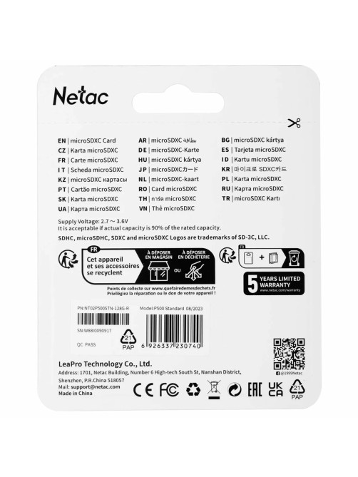 Карта памяти microSDXC 128 ГБ, NETAC P500 Standard, UHS-I U3, 128 Мб/с, (class 10), NT02P500PRO-128G-S