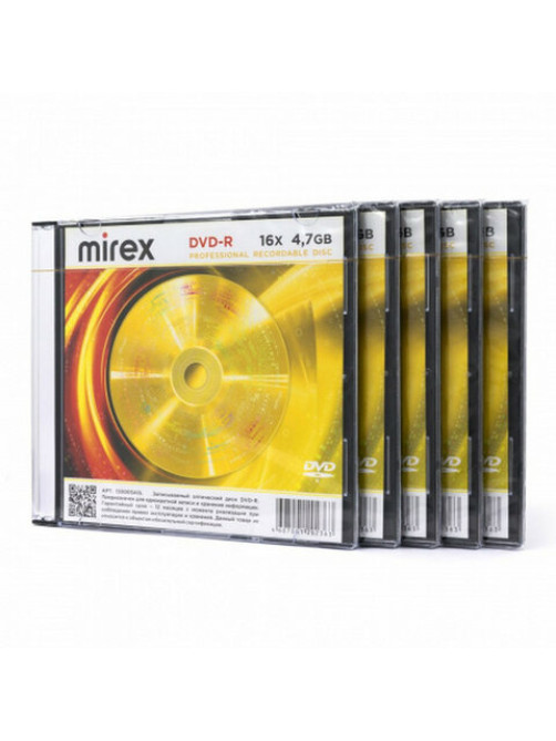 Диск DVD-R MIREX, 4,7 ГБ, 16x, Slim Case, КОМПЛЕКТ 5 шт., UL130003A1F
