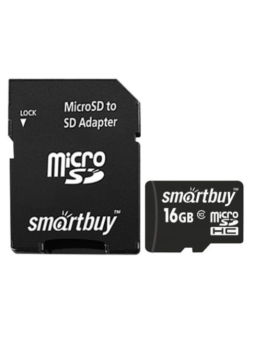 Карта памяти microSDHC, 16 GB, SMARTBUY, 10 Мб/сек. (class 10), с адаптером, SB16GBSDCL10-01