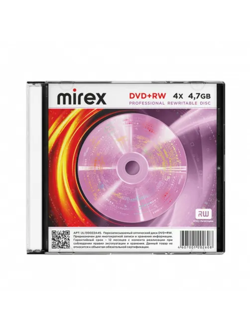 Диск DVD+RW (плюс) MIREX, 4,7 Гб, 4x, Slim Case, 1 штука, UL130022A4S