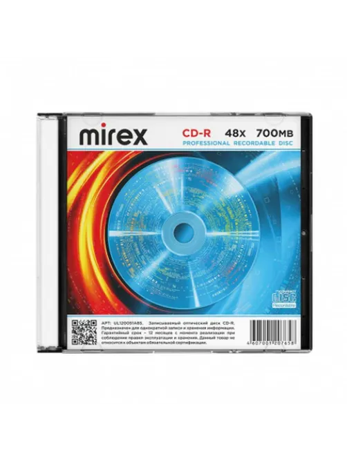 Диск CD-R MIREX, 700 Мб, 48x, Slim Case, 1 штука, UL120051A8S