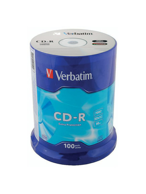 Диск CD-R VERBATIM 700 Mb 52х Cake Box (упаковка на шпиле), КОМПЛЕКТ 100 шт., 43411
