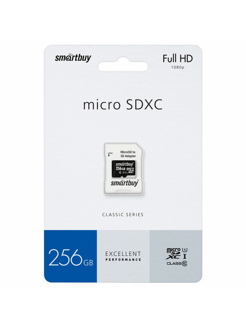 Карта памяти microSDXC 256 GB SMARTBUY, UHS-I, 90 Мб/сек (class 10), с адаптером, SB256GBSDCL10-01