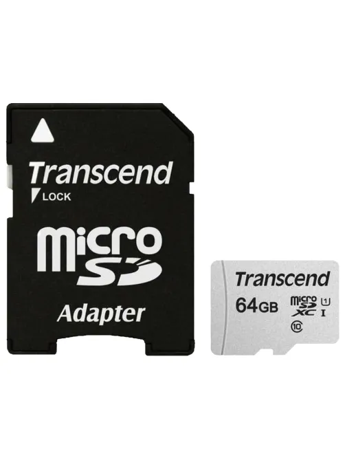 Карта памяти microSDXC 64 GB TRANSCEND UHS-I U1, 95 Мб/сек (class 10), адаптер, TS64GUSD300S-A