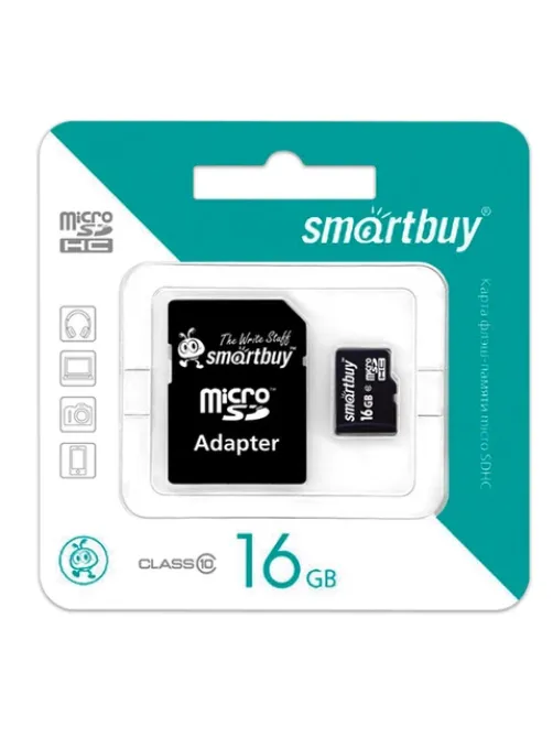 Карта памяти microSDHC, 16 GB, SMARTBUY, 10 Мб/сек. (class 10), с адаптером, SB16GBSDCL10-01