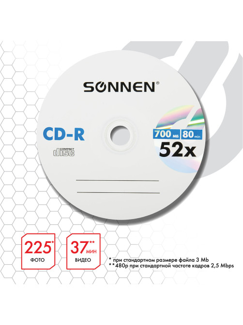 Диск CD-R SONNEN, 700 Mb, 52x, Cake Box (упаковка на шпиле) КОМПЛЕКТ 25 шт., 513531