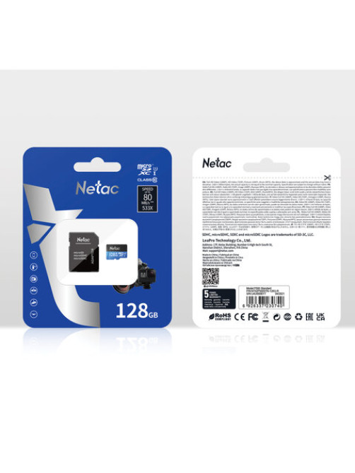 Карта памяти microSDXC 128 ГБ NETAC P500 Standard, UHS-I U1, 90 Мб/с (class 10), адаптер, NT02P500STN-128G-R