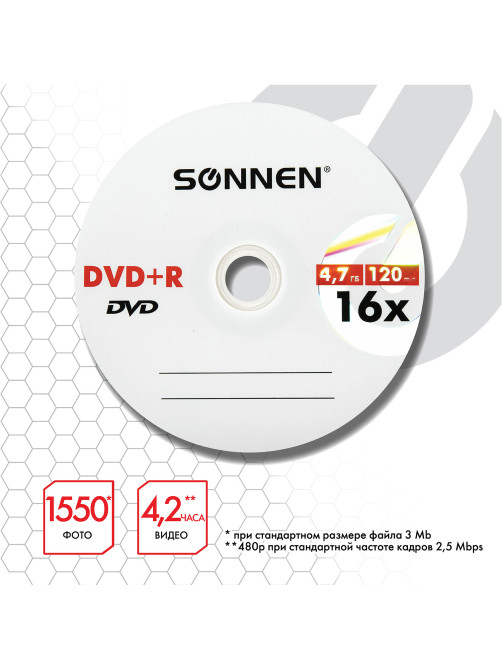 Диск DVD+R SONNEN, 4,7 Gb, 16x, Cake Box (упаковка на шпиле), КОМПЛЕКТ 25 шт., 513532