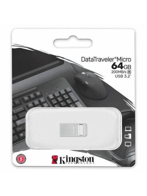 Флеш-диск 64 GB, KINGSTON DataTraveler Micro USB 3.2, металлический корпус, серебристый, DTMC3G2/64GB