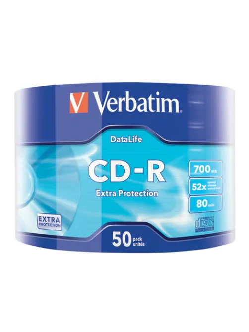 Диск CD-R VERBATIM DataLife, 700 Мб 52x Bulk (термоусадка без шпиля), КОМПЛЕКТ 50 шт., 43787