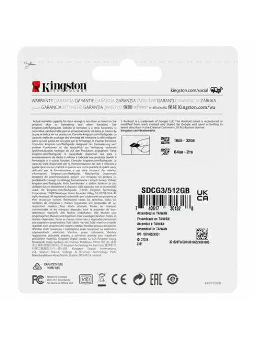 Карта памяти microSDXC 512 GB KINGSTON Canvas Go Plus, UHS-I U1, 170 Мб/с (class 10), с адаптером, SDCG3/512Gb