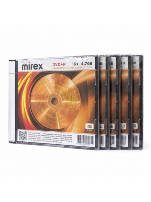 Диск DVD+R (плюс) MIREX, 4,7 ГБ, 16x, Slim Case, КОМПЛЕКТ 5 шт., UL130013A1F
