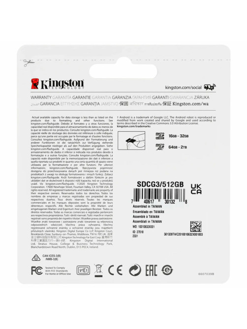 Карта памяти microSDXC 512 GB KINGSTON Canvas Go Plus, UHS-I U1, 170 Мб/с (class 10), с адаптером, SDCG3/512Gb
