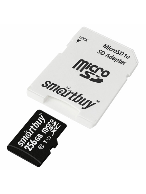 Карта памяти microSDXC 256 GB SMARTBUY, UHS-I, 90 Мб/сек (class 10), с адаптером, SB256GBSDCL10-01