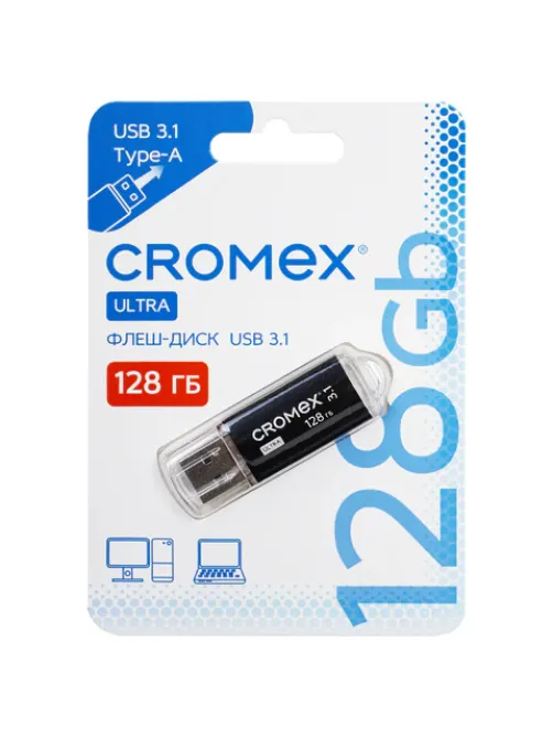 Флеш-диск 128 GB, CROMEX (КРОМЕКС) Ultra USB 3.1, металлический корпус, черный, 514165