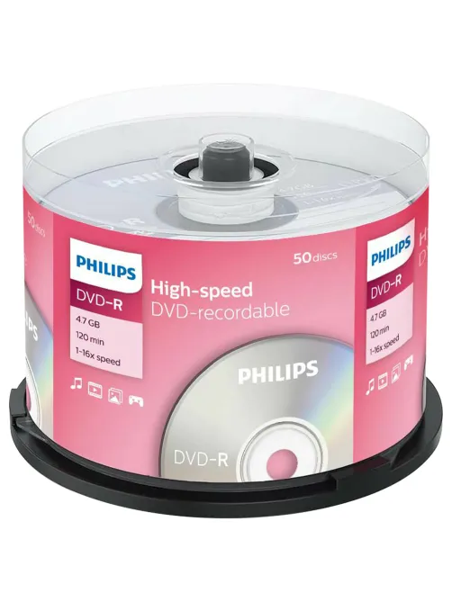 Диск DVD-R PHILIPS, 4,7 Гб, 16x, Cake Box (упаковка на шпиле), КОМПЛЕКТ 50 шт., DM4S6B50F/97