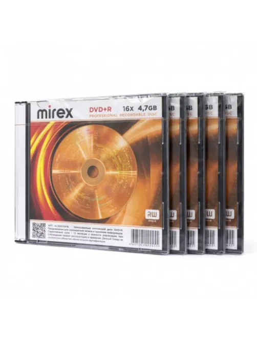 Диск DVD+R (плюс) MIREX, 4,7 ГБ, 16x, Slim Case, КОМПЛЕКТ 5 шт., UL130013A1F