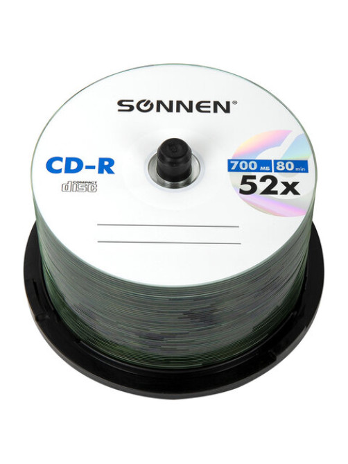 Диск CD-R SONNEN 700 Mb 52x Cake Box (упаковка на шпиле), КОМПЛЕКТ 50 шт., 512570