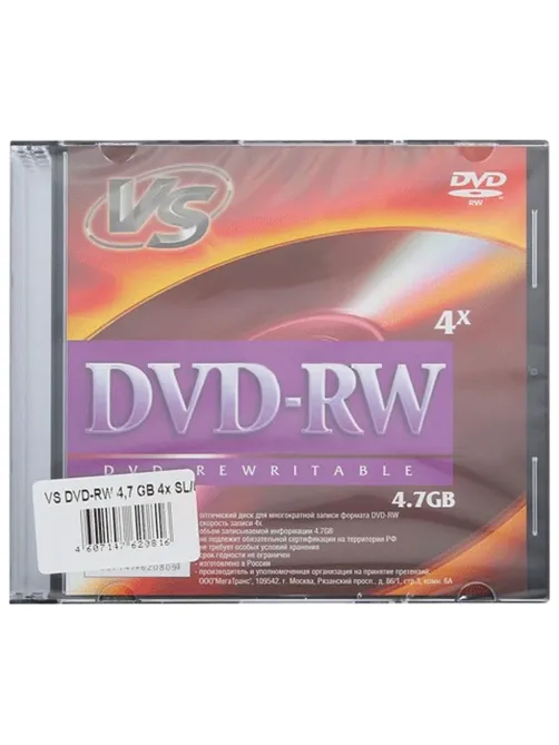 Диск DVD-RW VS 4,7 Gb, 4x, Slim Case, КОМПЛЕКТ 5 шт., VSDVDRB5001, VSDVDRWSL501