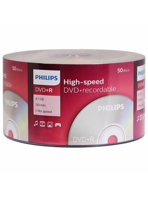 Диск DVD+R (плюс) PHILIPS, 4,7 Гб, 16x, Bulk (термоусадка без шпиля), КОМПЛЕКТ 50 шт., DR4S6U50F/97