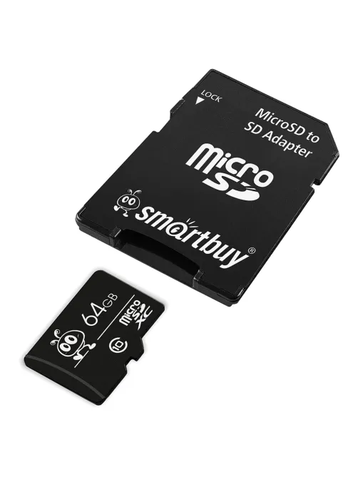 Карта памяти micro SDXC, 64 GB, SMARTBUY, 10 Мб/сек. (class 10), с адаптером, SB64GBSDCL10-01