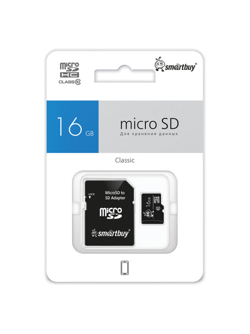 Карта памяти microSDHC, 16 GB, SMARTBUY, 10 Мб/сек. (class 10), с адаптером, SB16GBSDCL10-01
