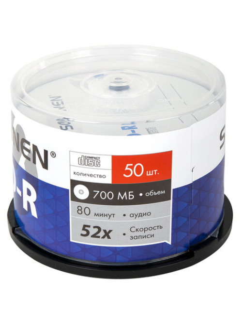 Диск CD-R SONNEN 700 Mb 52x Cake Box (упаковка на шпиле), КОМПЛЕКТ 50 шт., 512570