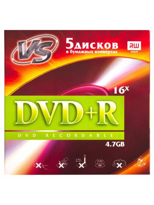 Диск DVD+R (плюс) VS, 4,7 Гб, 16х, бумажный конверт, КОМПЛЕКТ 5 шт., VSDVDPRK501