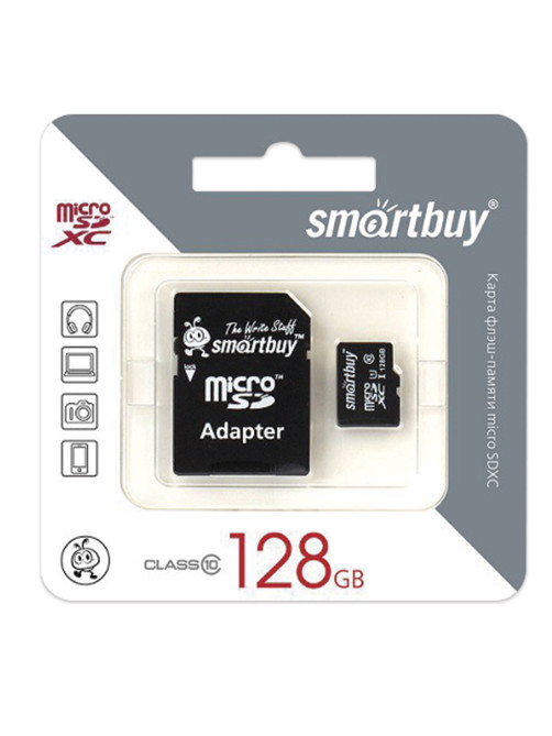Карта памяти micro SDXC, 128 GB, SMARTBUY, UHS-1 U1, 80 Мб/сек. (class 10), с адаптером, SB128GBSDCL1001