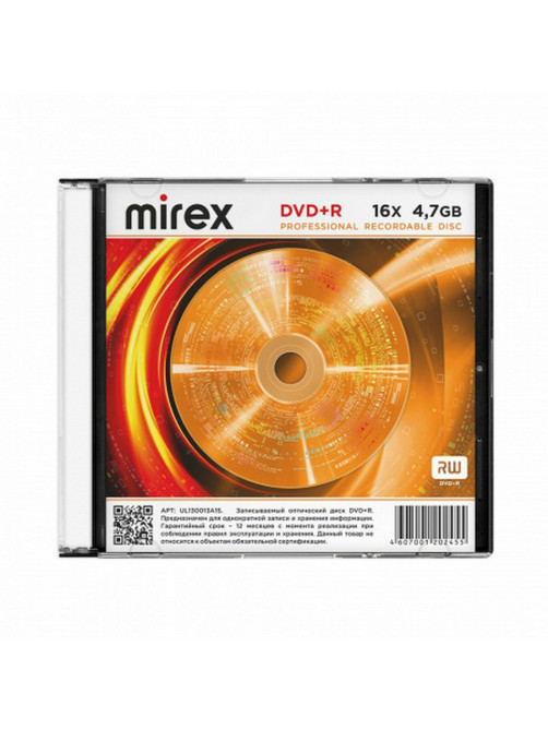 Диск DVD+R (плюс) MIREX, 4,7 ГБ, 16x, Slim Case, 1 штука, UL130013A1S