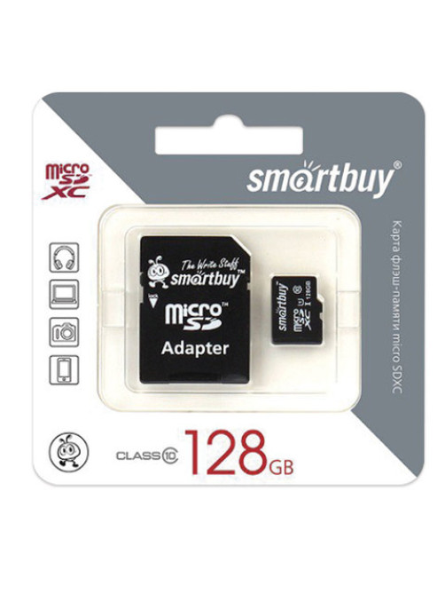 Карта памяти micro SDXC, 128 GB, SMARTBUY, UHS-1 U1, 80 Мб/сек. (class 10), с адаптером, SB128GBSDCL1001