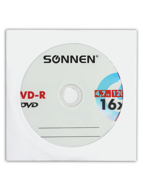 Диск DVD-R SONNEN, 4,7 Gb, 16x, бумажный конверт (1 штука), 512576