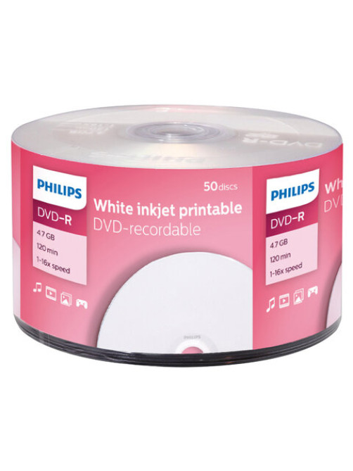 Диск DVD-R PHILIPS 4,7 Гб, 16x, Bulk (термоусадка без шпиля), поверхность для печати, КОМПЛЕКТ 50 шт., DM4I6U50F/97
