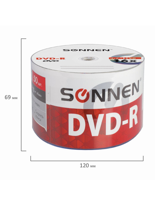 Диск DVD-R SONNEN 4,7 Gb 16x Bulk (термоусадка без шпиля), КОМПЛЕКТ 50 шт., 512574