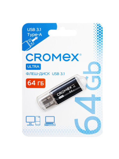 Флеш-диск 64 GB, CROMEX (КРОМЕКС) Ultra USB 3.1, металлический корпус, черный, 514164