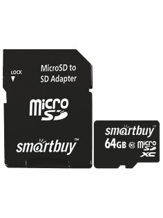 Карта памяти micro SDXC, 64 GB, SMARTBUY, 10 Мб/сек. (class 10), с адаптером, SB64GBSDCL10-01