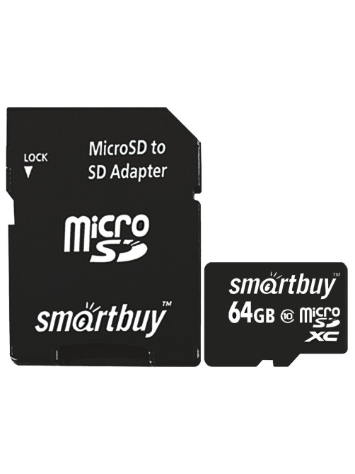 Карта памяти micro SDXC, 64 GB, SMARTBUY, 10 Мб/сек. (class 10), с адаптером, SB64GBSDCL10-01
