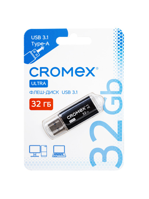 Флеш-диск 32 GB, CROMEX (КРОМЕКС) Ultra USB 3.1, металлический корпус, черный, 514163