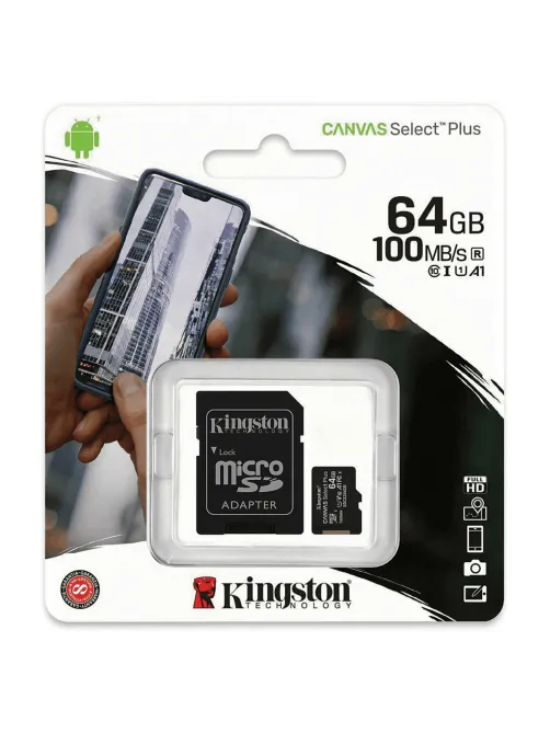 Карта памяти microSDXC 64 GB KINGSTON Canvas Select Plus, UHS-I U1, 100 Мб/с (class 10), адаптер, SDCS2/64GB