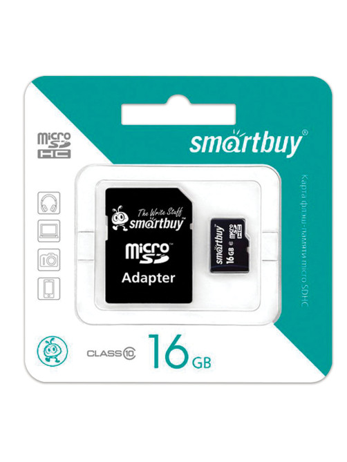 Карта памяти microSDHC, 16 GB, SMARTBUY, 10 Мб/сек. (class 10), с адаптером, SB16GBSDCL10-01