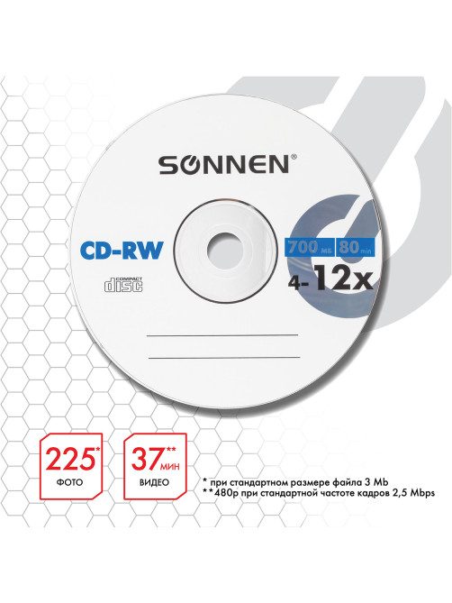 Диск CD-RW SONNEN, 700 Mb, 4-12x, Slim Case (1 штука), 512579