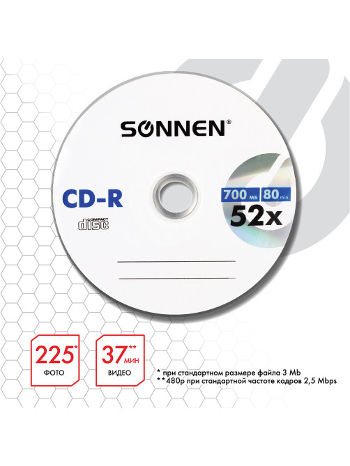 Диск CD-R SONNEN, 700 Mb, 52x, Slim Case (1 штука), 512572